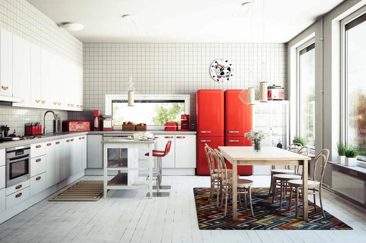 Kitchen with red fridge and freezer